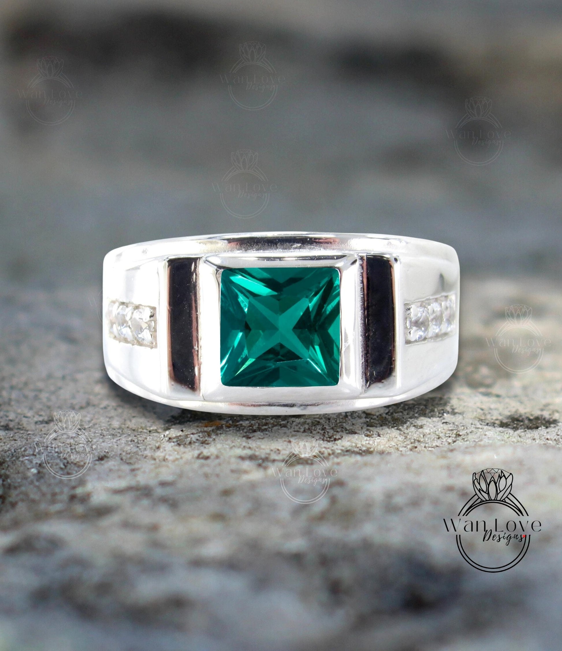 White gold Emerald men's Band vintage princess cut wedding ring unique Bridal ring promise anniversary ring solid gold birthstone band