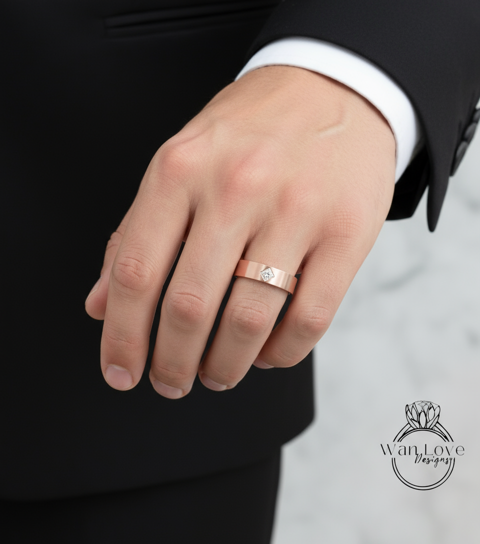 Gold Diamond Men's Band vintage princess cut kite set wedding ring unique Art Deco Geometric ring promise anniversary ring solid gold band