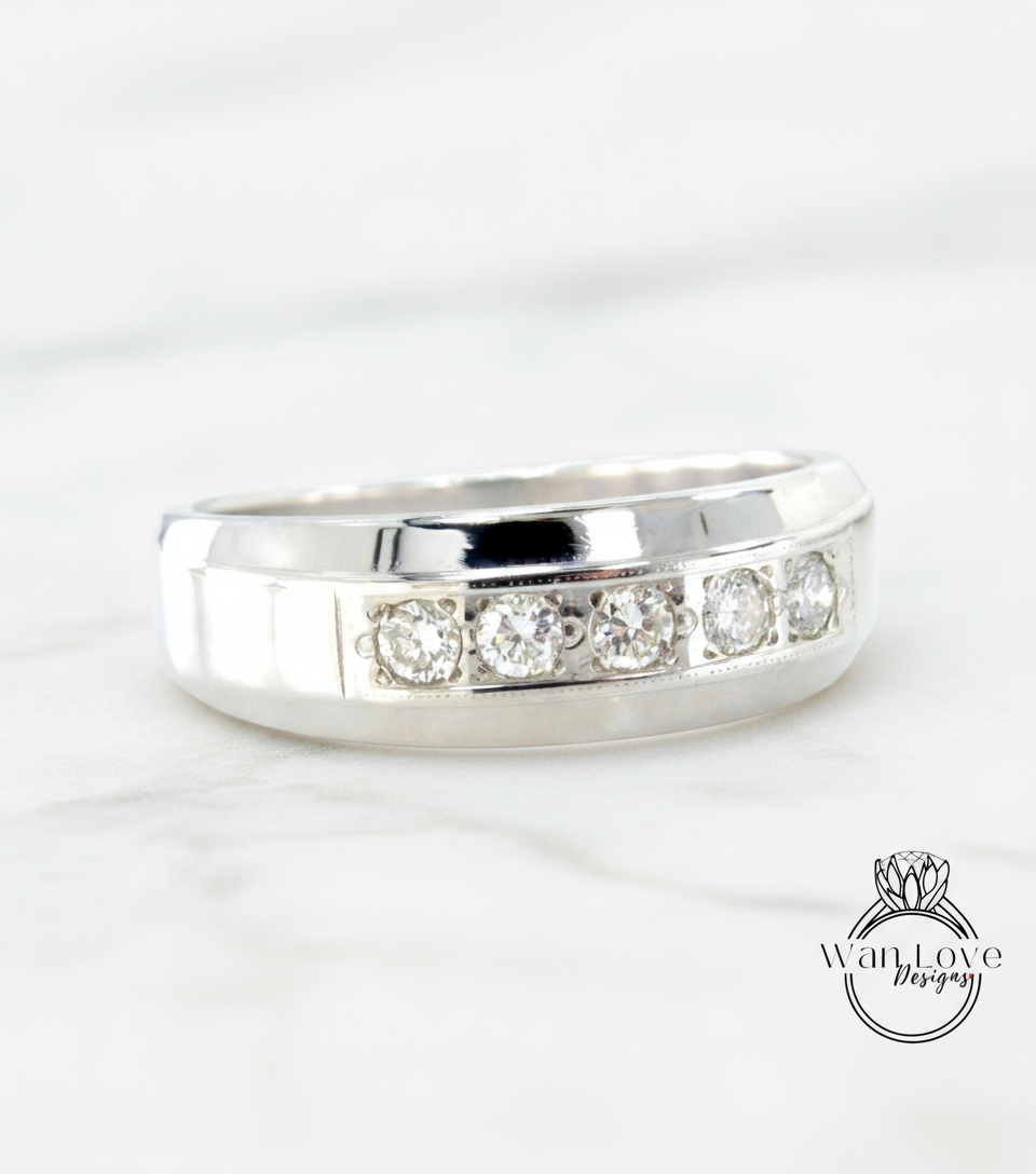 Diamond Wedding Band Mens Womens Unisex Ring .80ct 5 Diamonds Gem Stone Round 14k White gold Engagement Anniversary Gift-Ready to ship