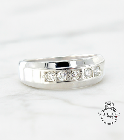 Diamond Wedding Band Mens Womens Unisex Ring .80ct 5 Diamonds Gem Stone Round 14k White gold Engagement Anniversary Gift-Ready to ship