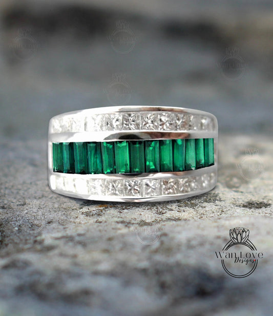 Men's Emerald Ring -Green Emerald Mens Ring - Emerald Wedding Band - His Emeralds Band - Unique Mens Band - 14k Gold Birthstone Mans Ring