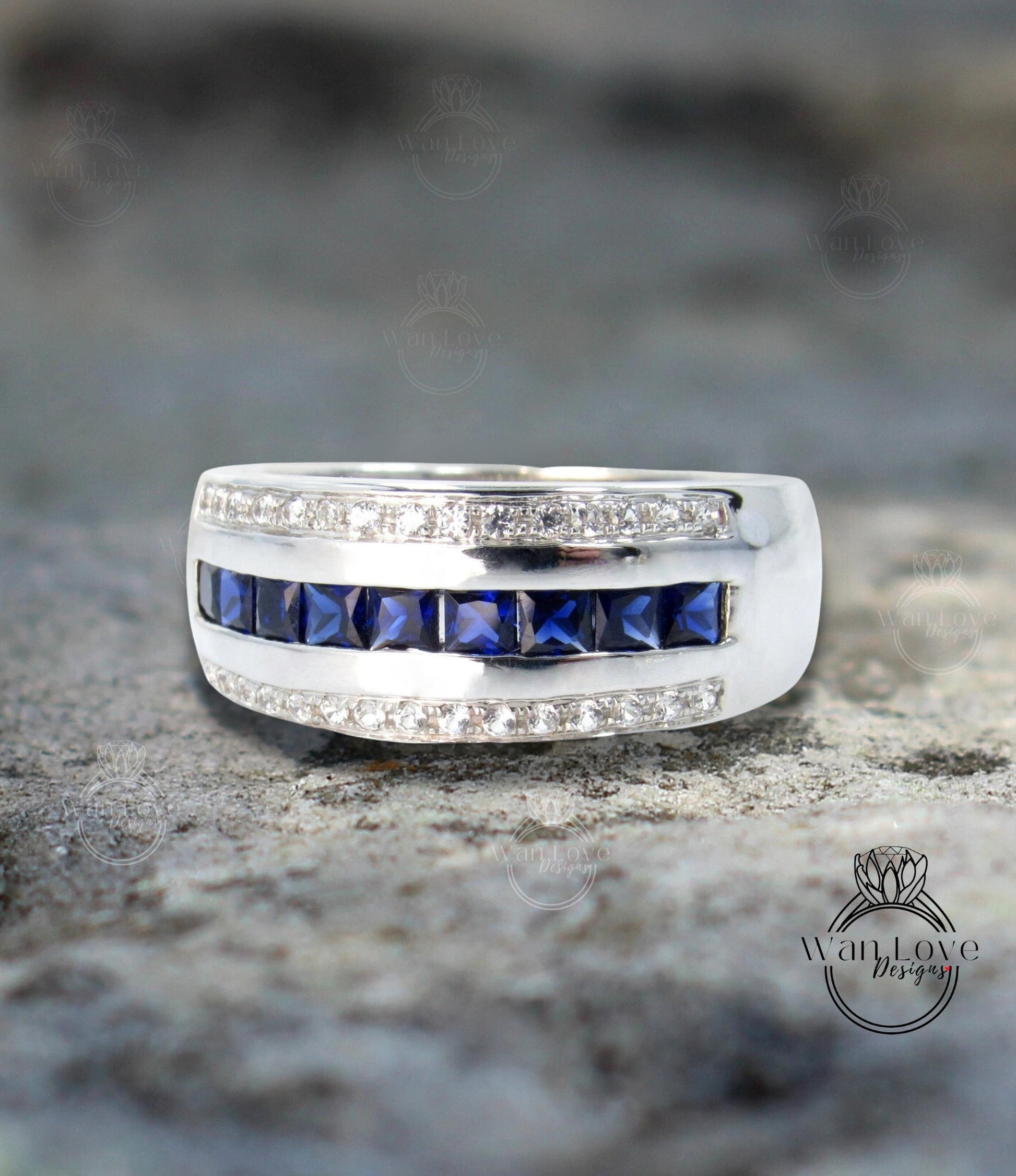 Blue & White Sapphire Wedding Band-Mans Engagement Ring-Mens Ring-White Gold mans ring-Anniversary gents ring Gift-Ready to Quick ship