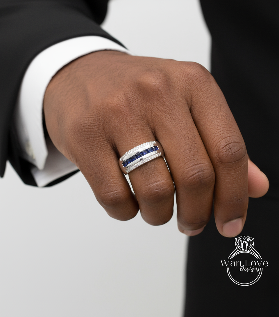 Blue & White Sapphire Wedding Band-Mans Engagement Ring-Mens Ring-White Gold mans ring-Anniversary gents ring Gift-Ready to Quick ship