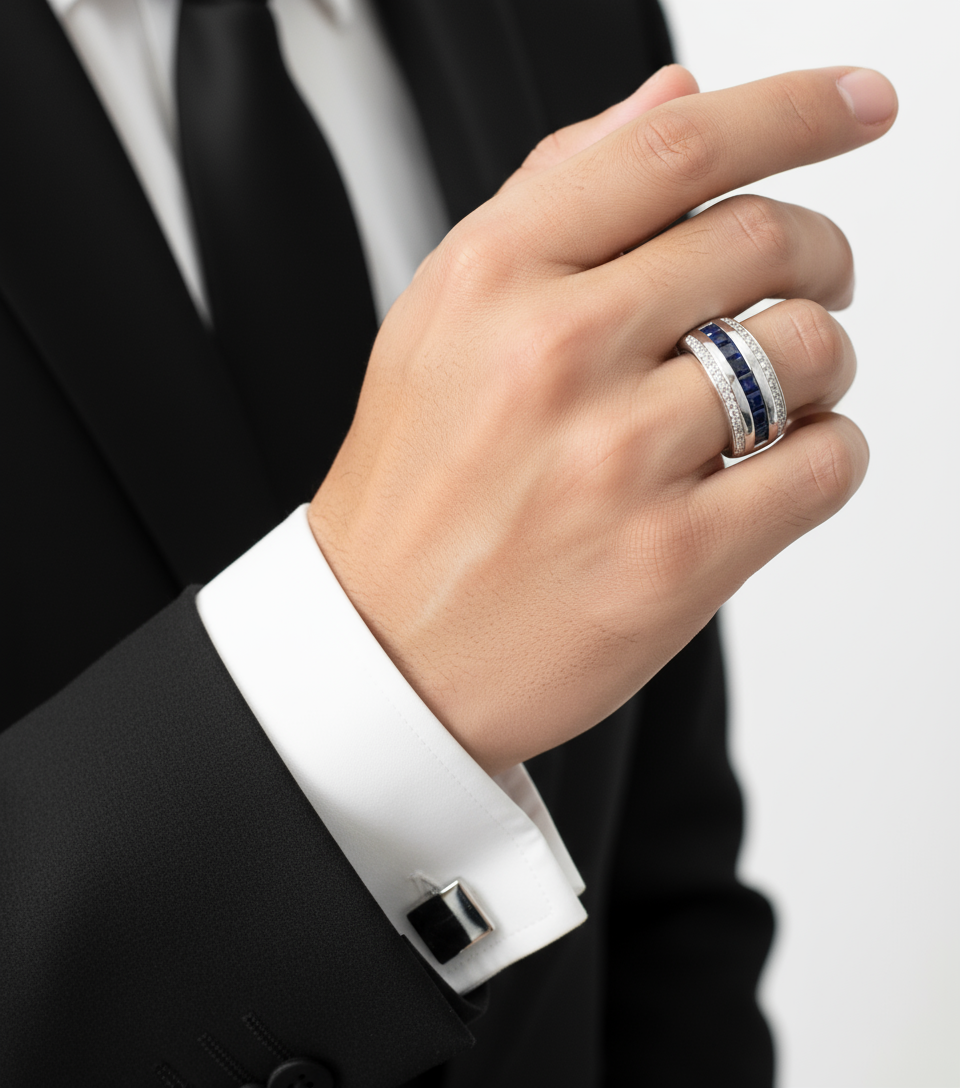 Blue & White Sapphire Wedding Band-Mans Engagement Ring-Mens Ring-White Gold mans ring-Anniversary gents ring Gift-Ready to Quick ship