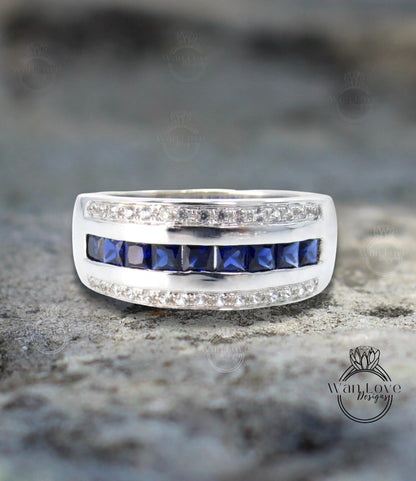 Blue & White Sapphire Wedding Band-Mans Engagement Ring-Mens Ring-White Gold mans ring-Anniversary gents ring Gift-Ready to Quick ship