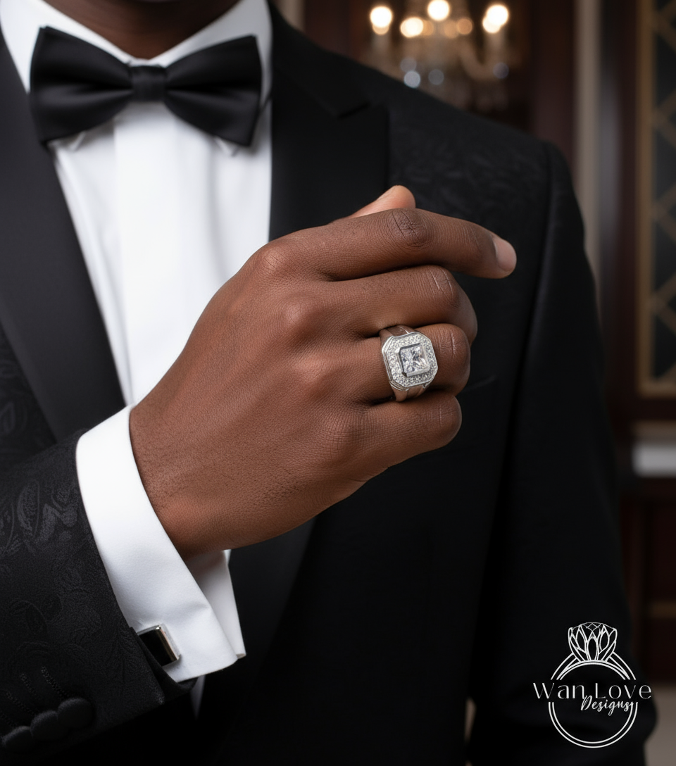 Ready to Ship White Sapphire Mens Wedding Ring Bands Ring Princess Halo .5ct Custom vintage Unique engagement ring mens wedding ring band