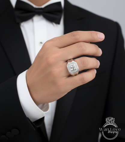 Ready to Ship White Sapphire Mens Wedding Ring Bands Ring Princess Halo .5ct Custom vintage Unique engagement ring mens wedding ring band