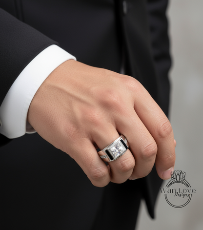 White Sapphire Mens Princess Wedding Band Jewelry Engagement Ring 2.5ct Round mans wedding commitment ring gents Promise Ring Ready to Ship