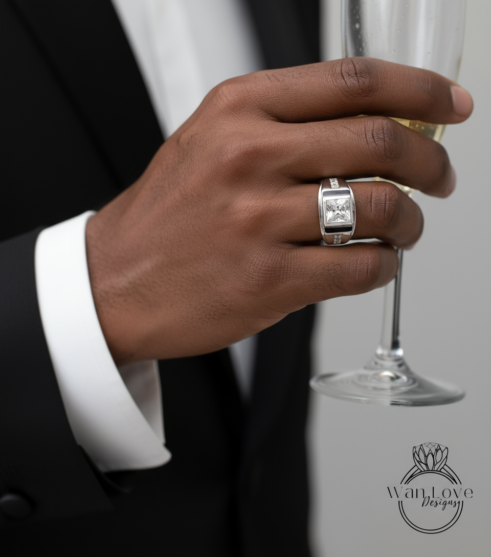 White Sapphire Mens Princess Wedding Band Jewelry Engagement Ring 2.5ct Round mans wedding commitment ring gents Promise Ring Ready to Ship