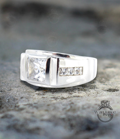 White gold Emerald men's Band vintage princess cut wedding ring unique Bridal ring promise anniversary ring solid gold birthstone band