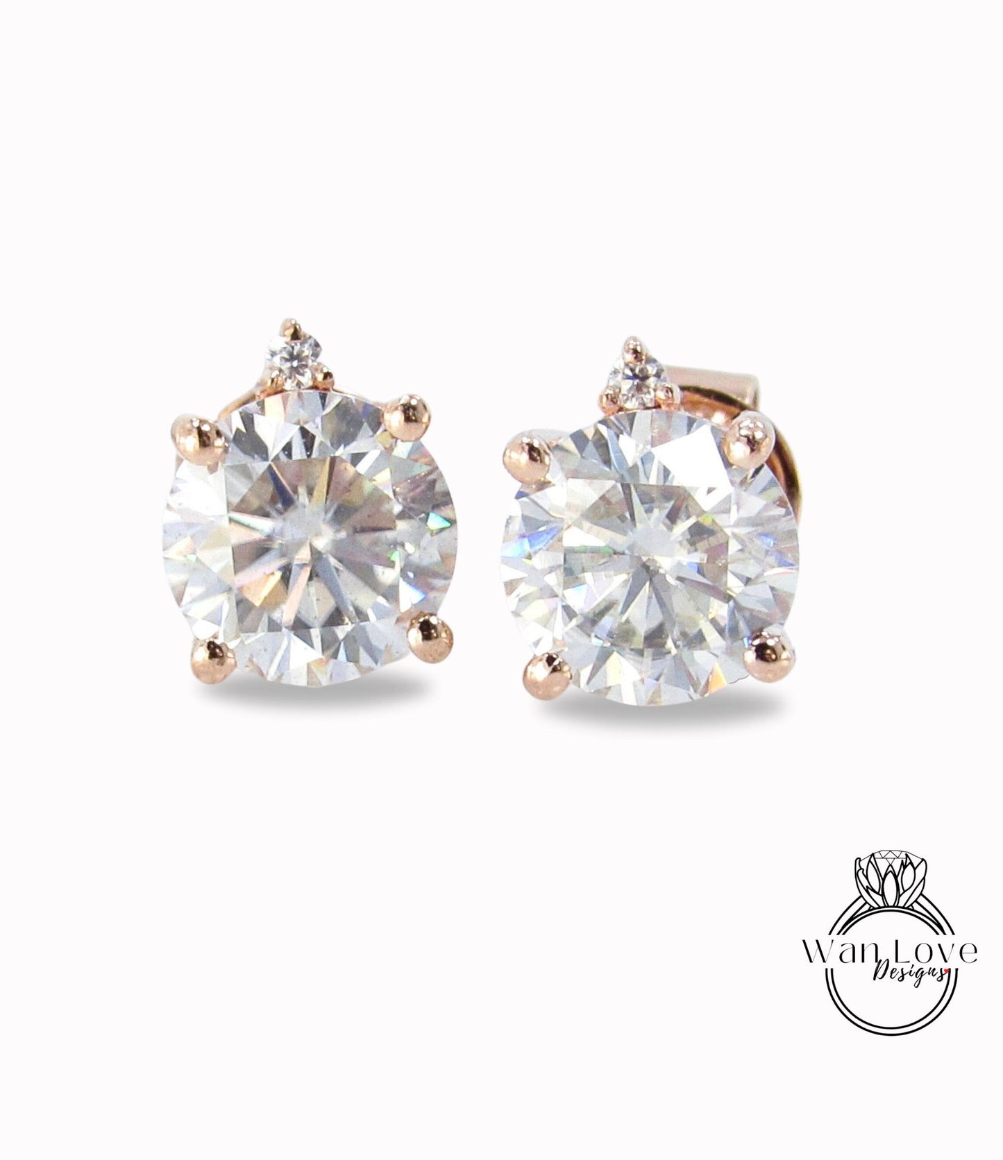 Moissanite Round cut Earrings studs basket Push Backs 4 Prongs, .75ct, 1.5cttw, 6mm, Custom-White Rose Gold,Anniversary Gift, Ready to Ship