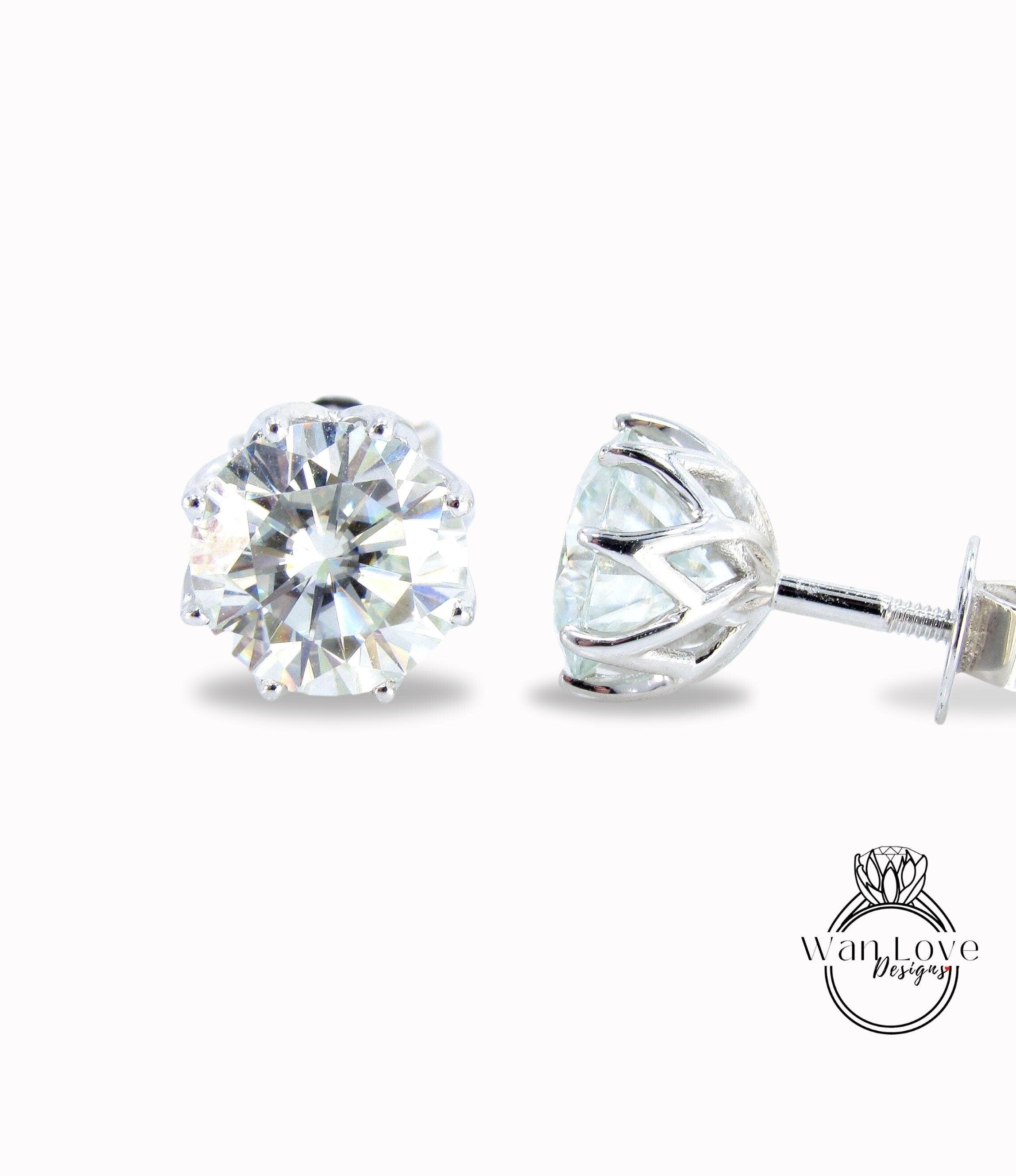 Solid 14k white gold Round Moissanite earring 3 Prong wedding stud earring, Screw Back diamond outlets stud gift Classic minimalist earrings