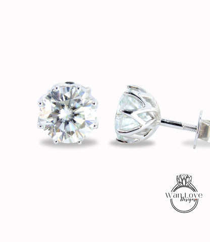 2ct Pair Round Cut Moissanite Diamond Stud Earrings, 8 prong Minimalist Studs, Birthstone Rose 14k 18k White Yellow Gold Earring Jewelry