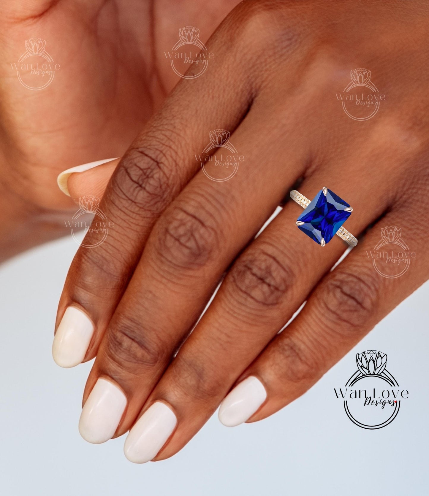 5ct Celebrity style Blue Sapphire Diamond Engagement Ring, Emerald cut Sapphire Ring, Diamonds side hidden halo ring, Bridal Wedding Ring