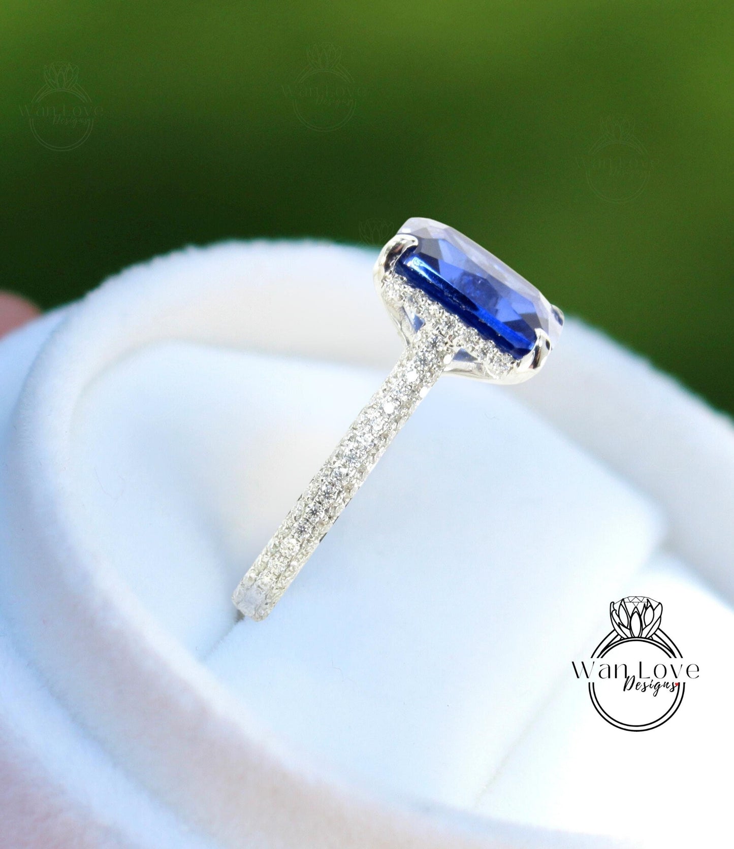 5ct Celebrity style Blue Sapphire Diamond Engagement Ring, Emerald cut Sapphire Ring, Diamonds side hidden halo ring, Bridal Wedding Ring