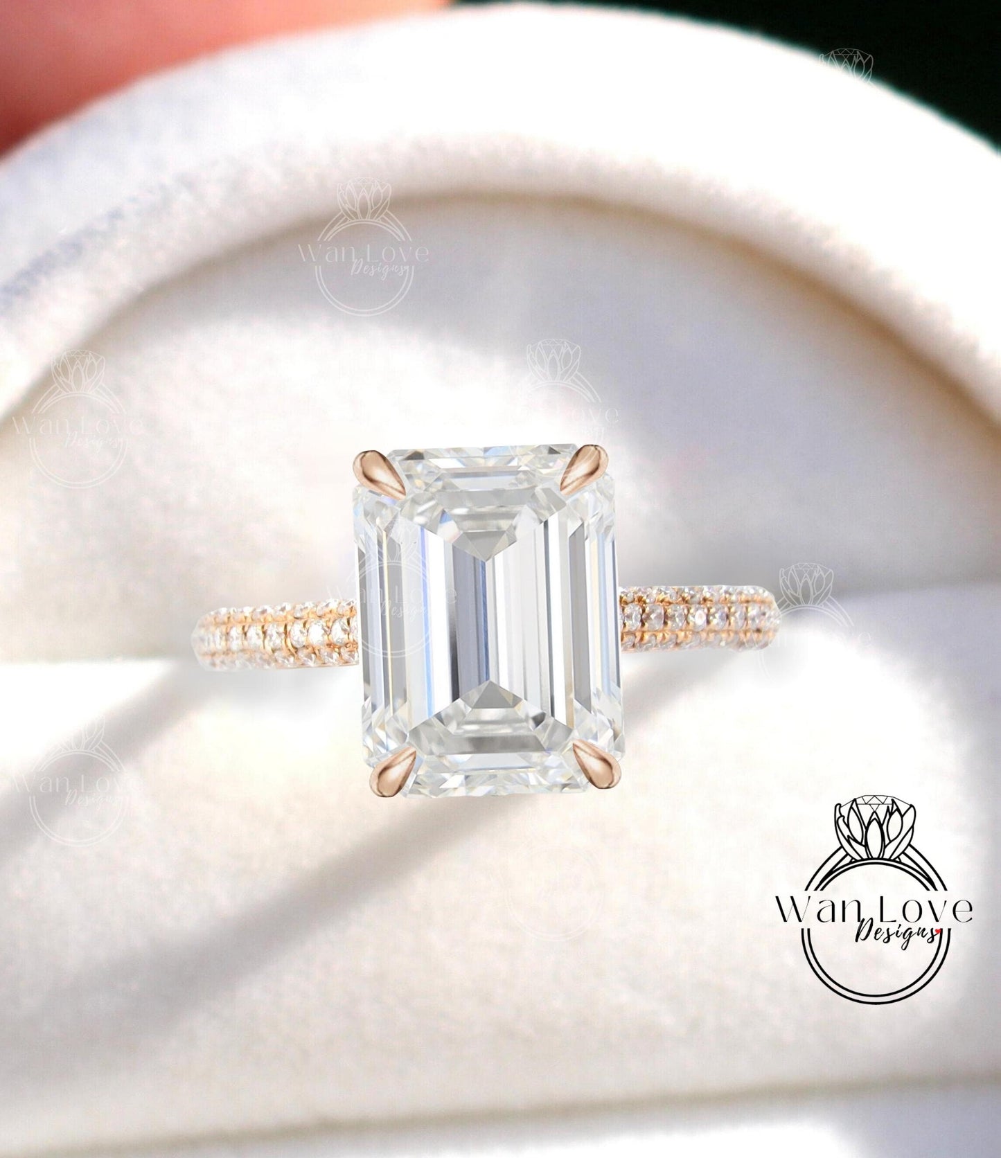 5ct Celebrity style Moissanite Diamond Engagement Ring, Emerald cut Moissanite Ring, Diamonds side hidden halo ring, Bridal Wedding Ring her