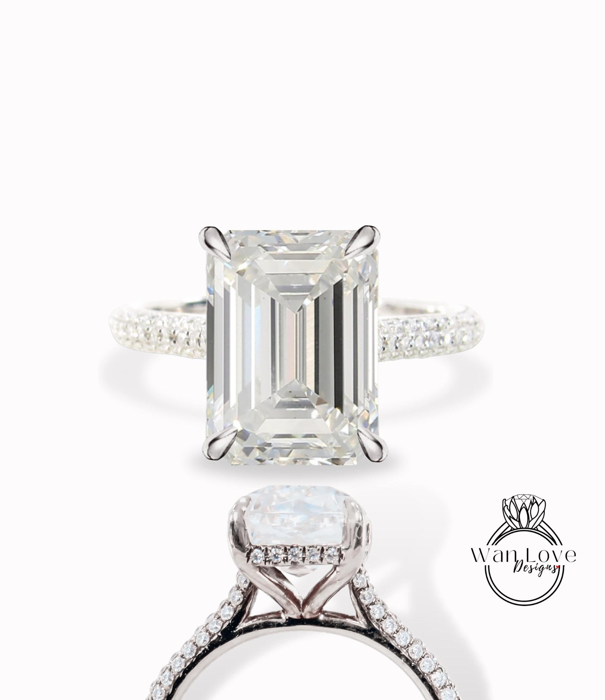 5ct Celebrity style Moissanite Diamond Engagement Ring, Emerald cut Moissanite Ring, Diamonds side hidden halo ring, Bridal Wedding Ring her