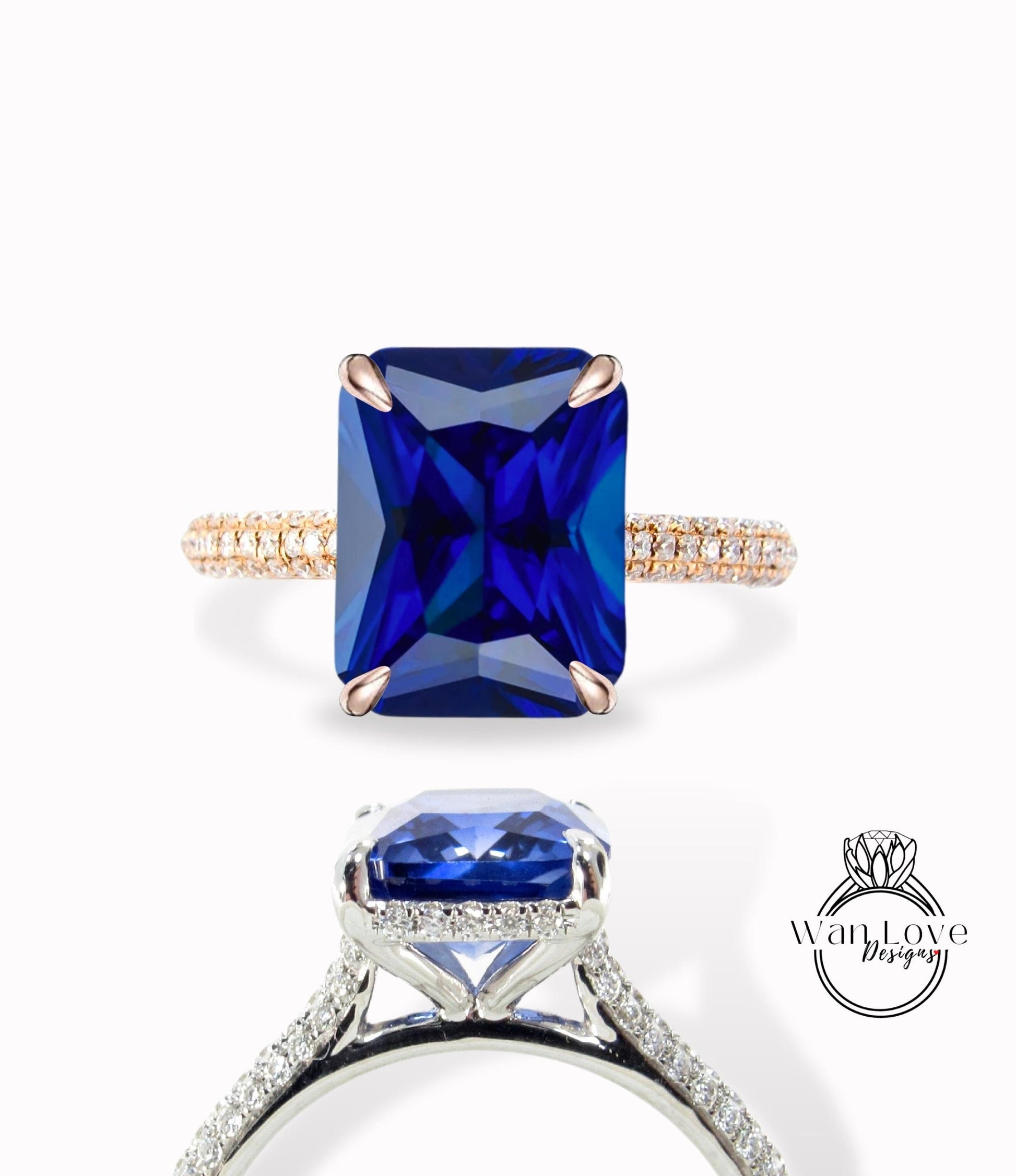 5ct Celebrity style Blue Sapphire Diamond Engagement Ring, Emerald cut Sapphire Ring, Diamonds side hidden halo ring, Bridal Wedding Ring