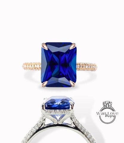 5ct Celebrity style Blue Sapphire Diamond Engagement Ring, Emerald cut Sapphire Ring, Diamonds side hidden halo ring, Bridal Wedding Ring