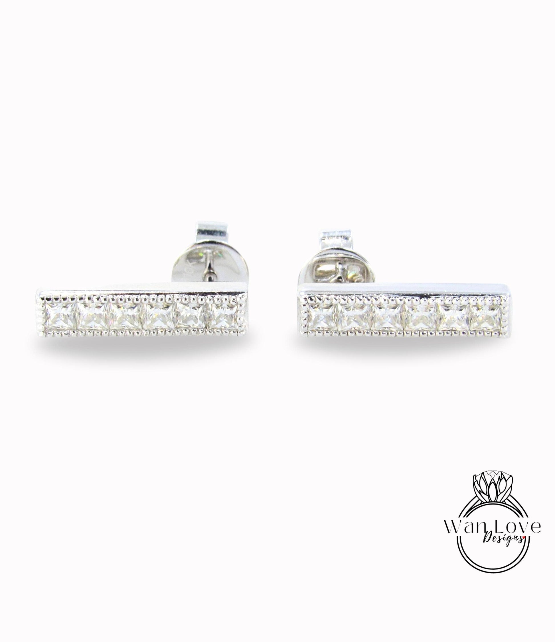 Dainty Milgrain Bar Drop Earrings • Princess Diamond Studs • Moissanite Bar Earrings • Birthstone Princess Earrings • Wedding Jewelry Gifts