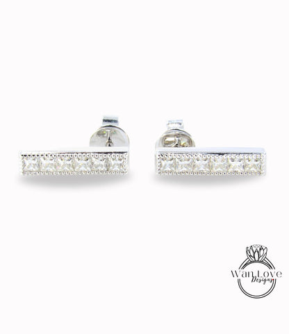 Dainty Milgrain Bar Drop Earrings • Princess Diamond Studs • Moissanite Bar Earrings • Birthstone Princess Earrings • Wedding Jewelry Gifts