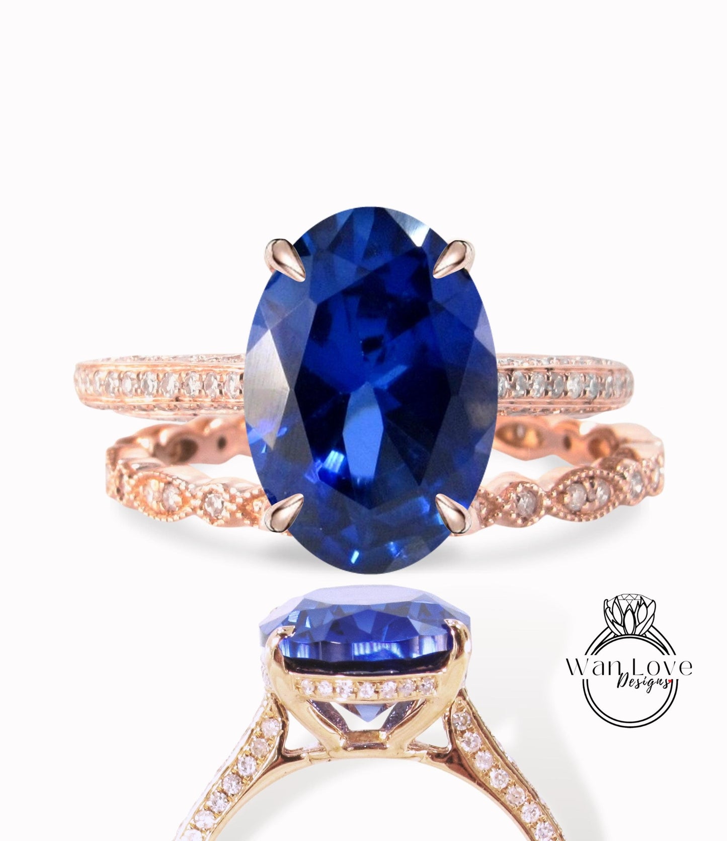 Oval shaped Blue Sapphire engagement ring set vintage Art deco Celebrity diamond side halo ring rose gold scalloped band wedding ring