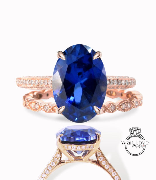 Oval shaped Blue Sapphire engagement ring set vintage Art deco Celebrity diamond side halo ring rose gold scalloped band wedding ring