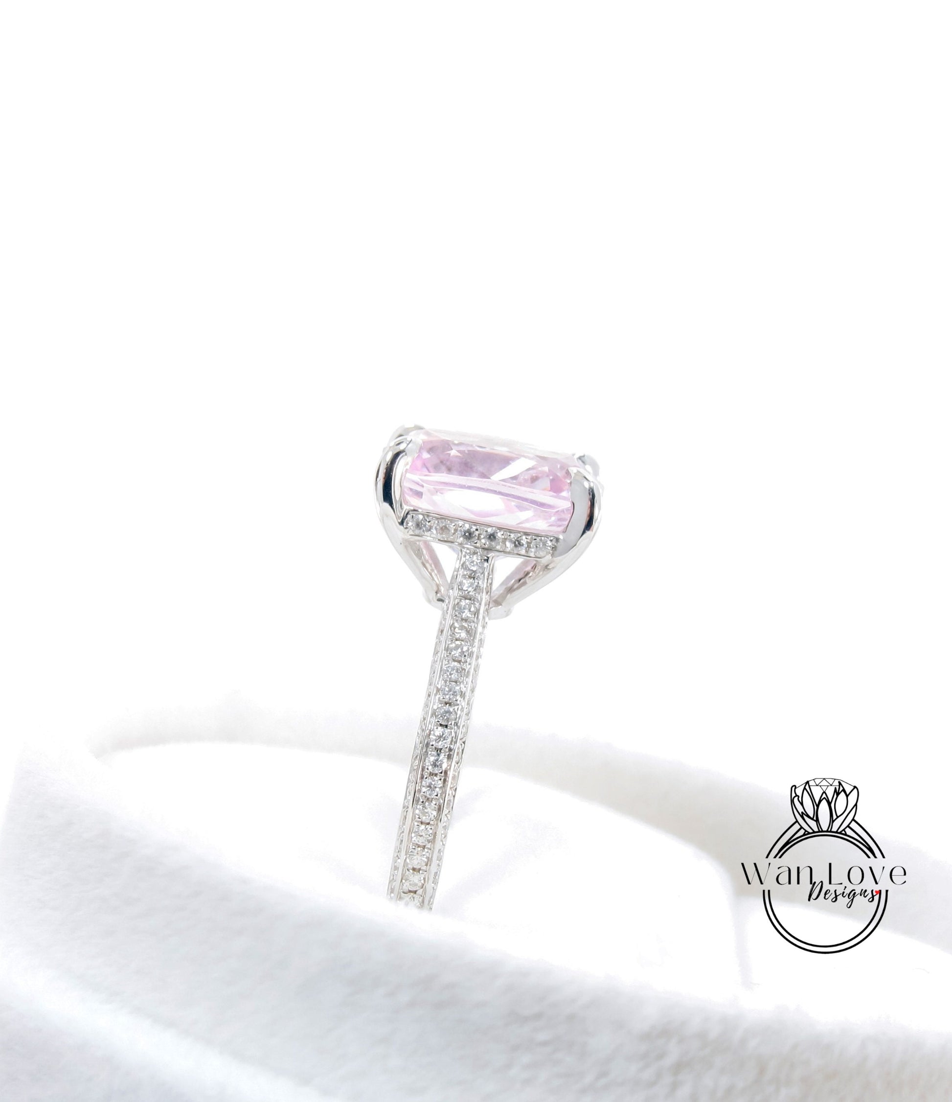 4ct Elongated Cushion Accented Solitaire Engagement Ring, Light Pink Sapphire, Almost Eternity Band, White Gold Ring, Ready to Ship