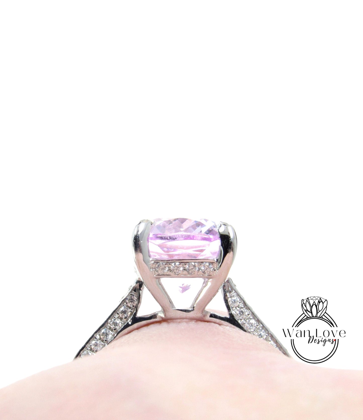 4ct Elongated Cushion Accented Solitaire Engagement Ring, Light Pink Sapphire, Almost Eternity Band, White Gold Ring, Ready to Ship