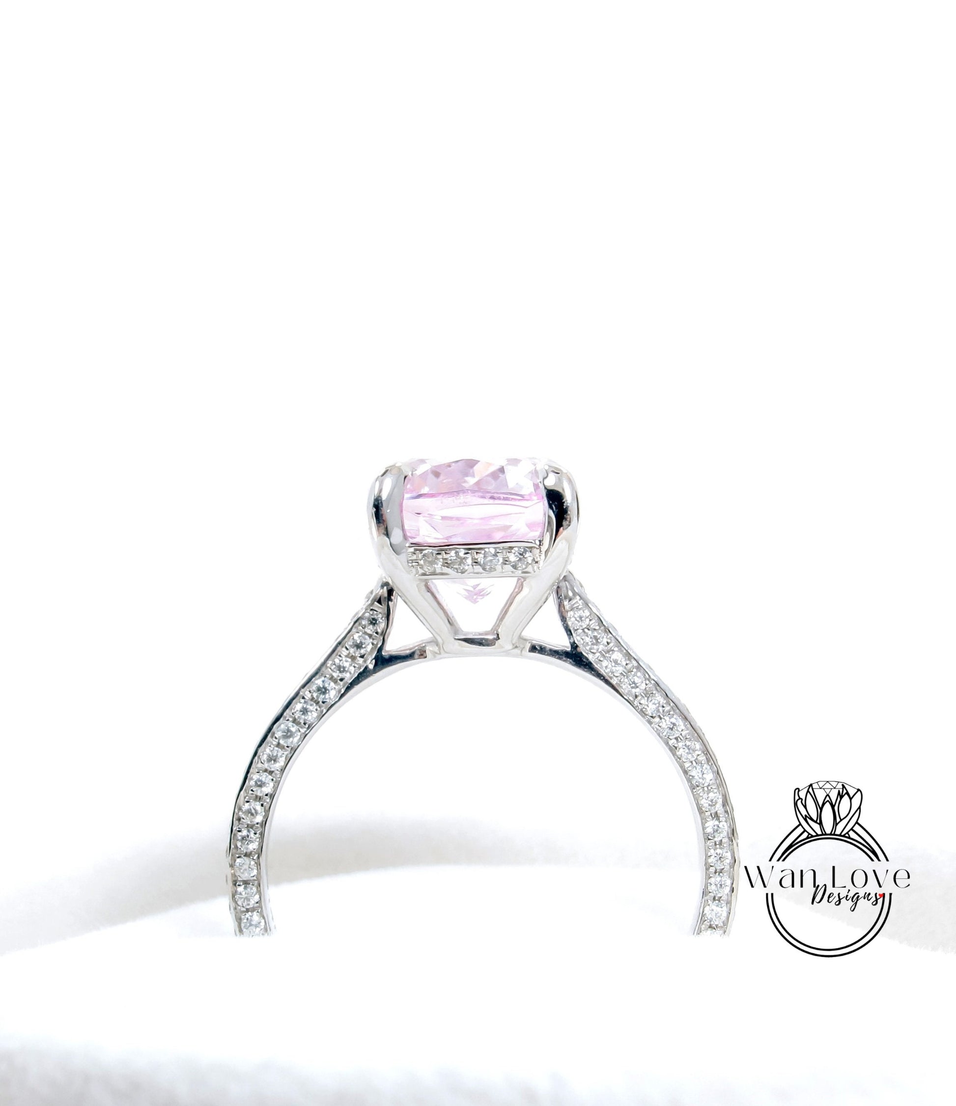 4ct Elongated Cushion Accented Solitaire Engagement Ring, Light Pink Sapphire, Almost Eternity Band, White Gold Ring, Ready to Ship