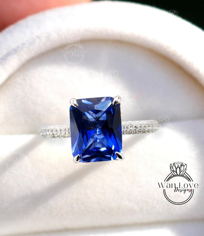 5ct Celebrity style Blue Sapphire Diamond Engagement Ring, Emerald cut Sapphire Ring, Diamonds side hidden halo ring, Bridal Wedding Ring