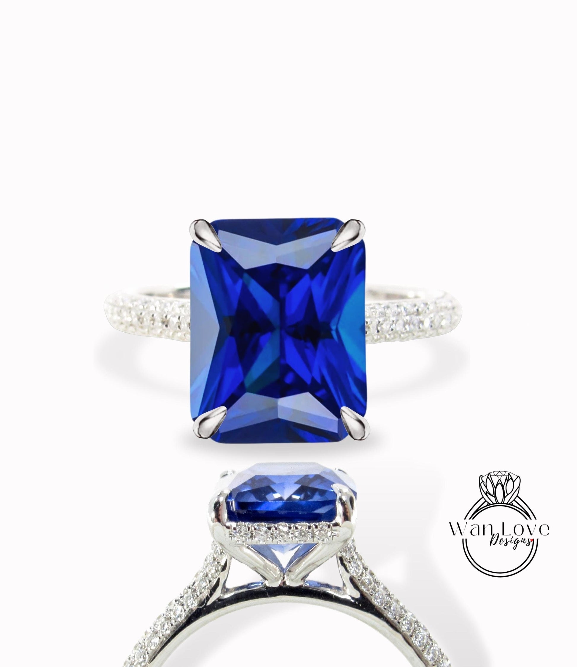 5ct Celebrity style Blue Sapphire Diamond Engagement Ring, Emerald cut Sapphire Ring, Diamonds side hidden halo ring, Bridal Wedding Ring