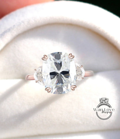 Moissanite diamond engagement ring cushion cut half moon rose gold art deco diamond three stone ring wedding Bridal ring Anniversary gift