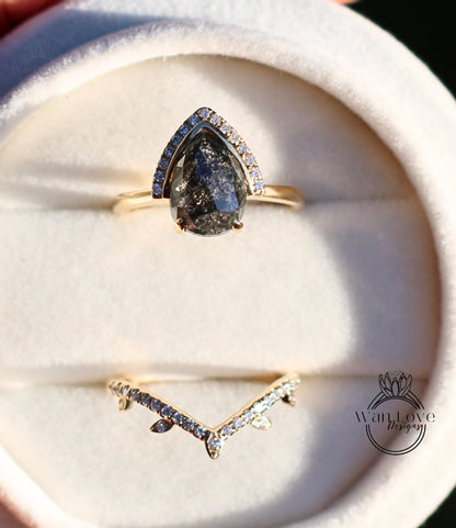 Art deco Salt & Pepper Diamond Engagement Ring set Antique pear Cut Gold wedding Ring twig leaf Diamond Bridal ring Promise Ring gift set