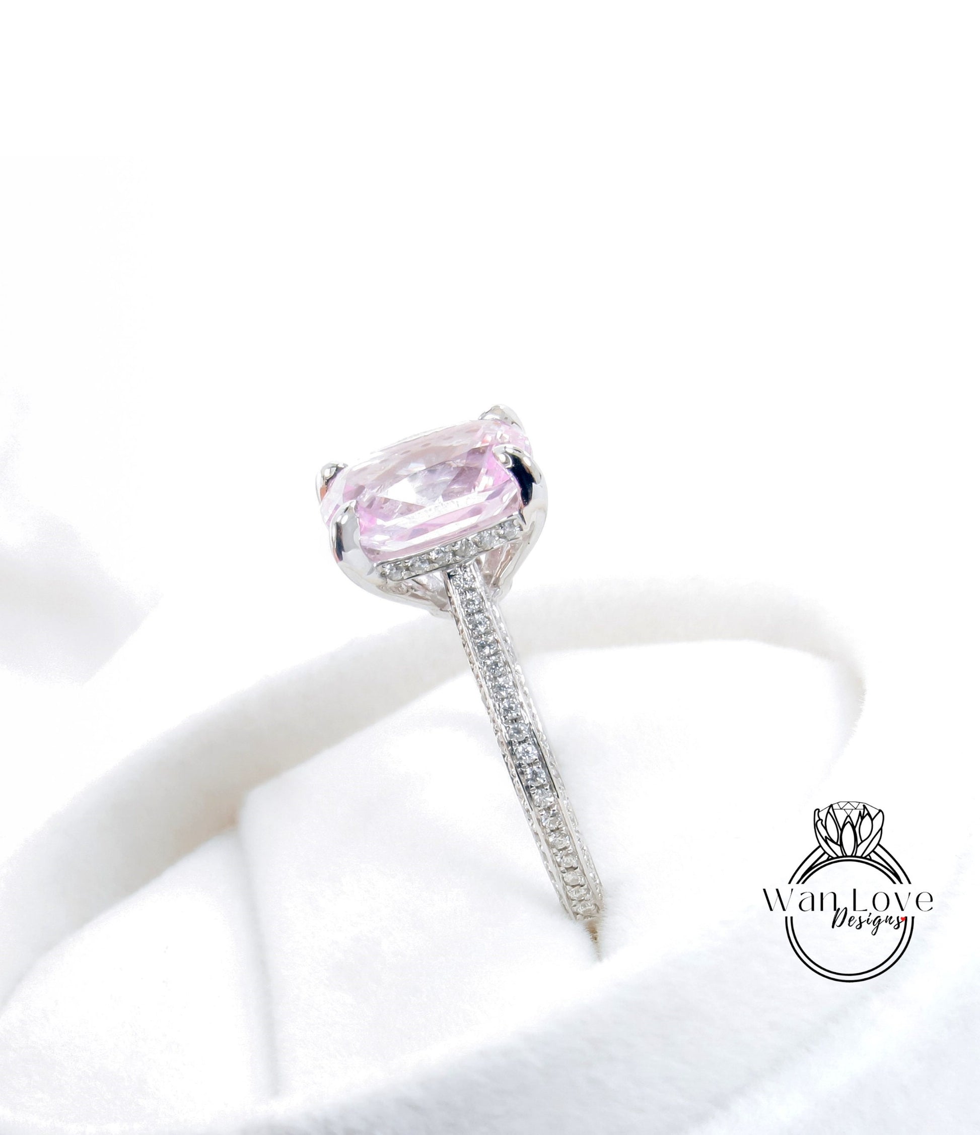 4ct Elongated Cushion Accented Solitaire Engagement Ring, Light Pink Sapphire, Almost Eternity Band, White Gold Ring, Ready to Ship