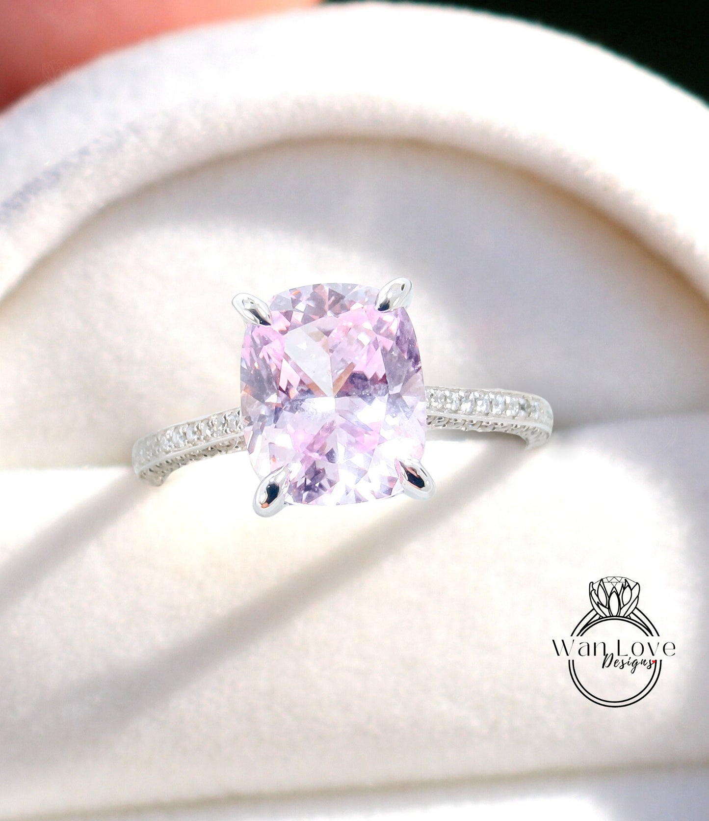 4ct Elongated Cushion Accented Solitaire Engagement Ring, Light Pink Sapphire, Almost Eternity Band, White Gold Ring, Ready to Ship