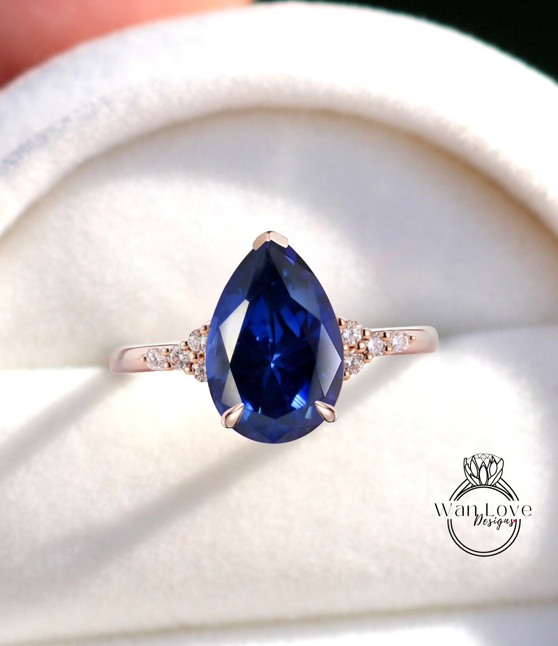 Blue Sapphire Pear engagement ring vintage unique Cluster rose gold engagement ring women Round diamond wedding Bridal art deco Anniversary