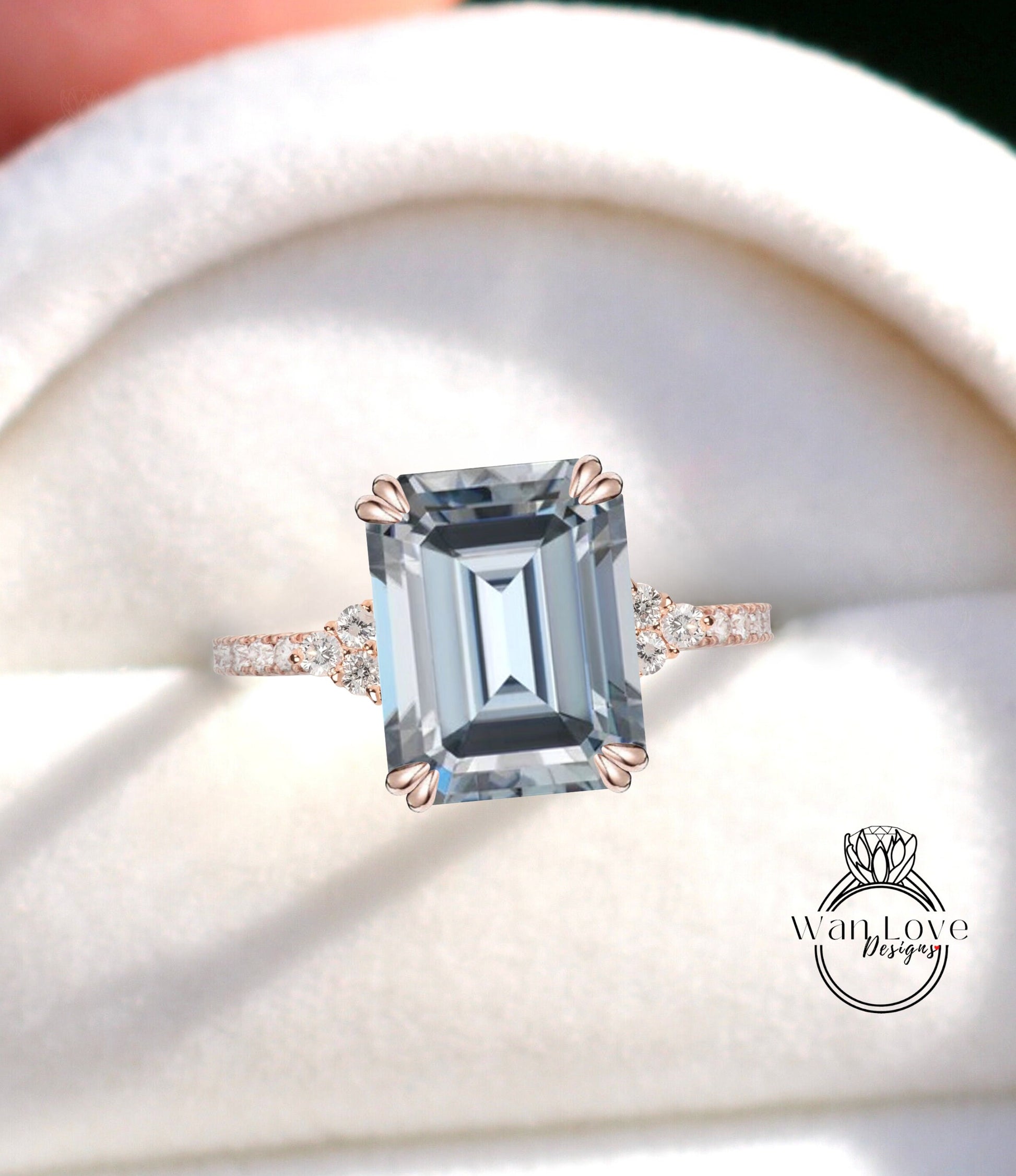 Vintage Rose Gold Gray Moissanite Engagement Ring with Cluster Diamond Accents - Grey Moissanite Emerald Cut - Anniversary Gift for Her