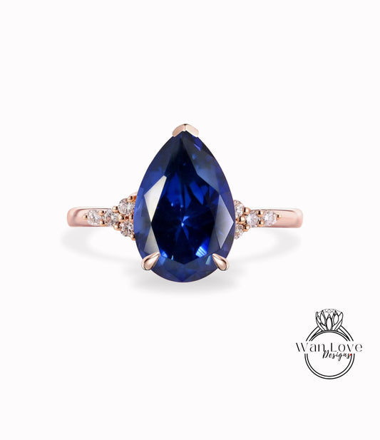 Blue Sapphire Pear engagement ring vintage unique Cluster rose gold engagement ring women Round diamond wedding Bridal art deco Anniversary