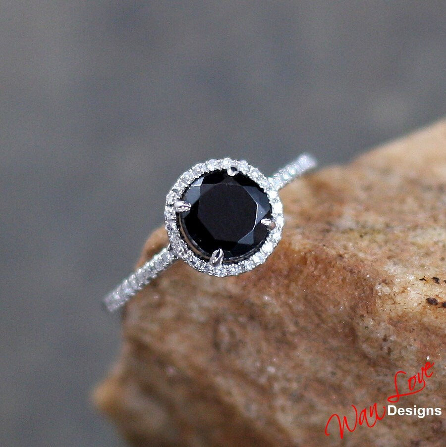 Black Spinel engaement ring round cut diamond halo ring prong set ring unique art deco Vintage ring annivesary promise ring -Ready to ship