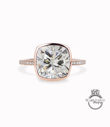 Art Deco Diamond Ring- 14K Rose Gold Diamond Ring- Cushion Cut Engagement Ring- Bezel Cushion cut Ring- April Birthstone Ring- Gift For Her