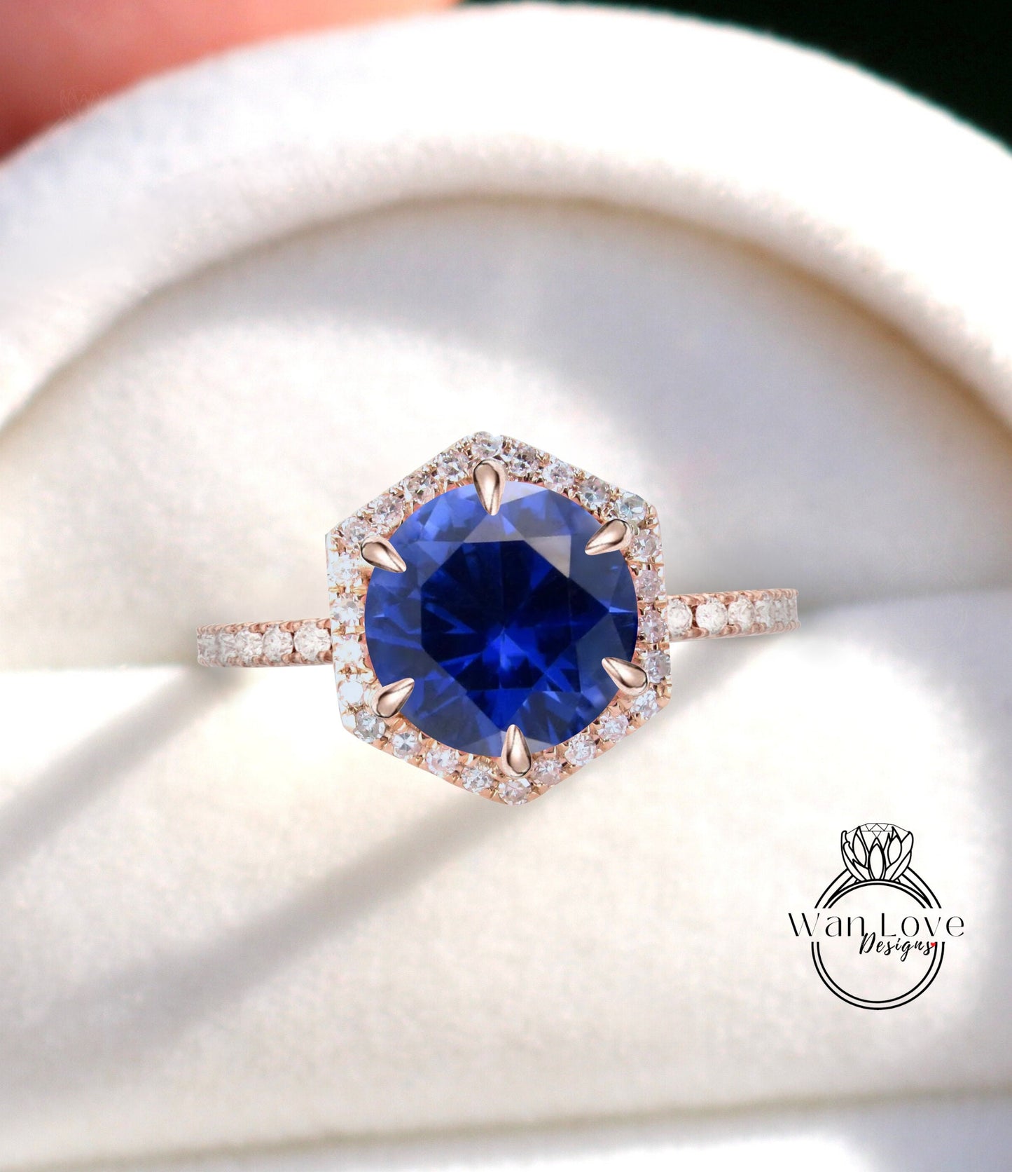 Diamond Hexagon Halo Ring Blue Sapphire Diamond Round cut Engagement Ring Art Deco rose gold vintage Halo Ring wedding bridal promise ring