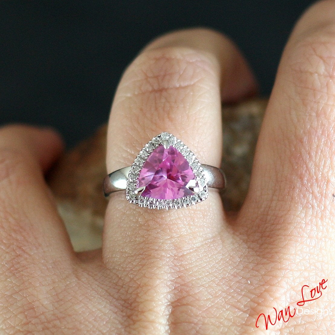 Trillion Pink Sapphire engagement ring 3ct Vintage diamond halo bridal ring antique wedding ring unique promise Anniversary ring statement