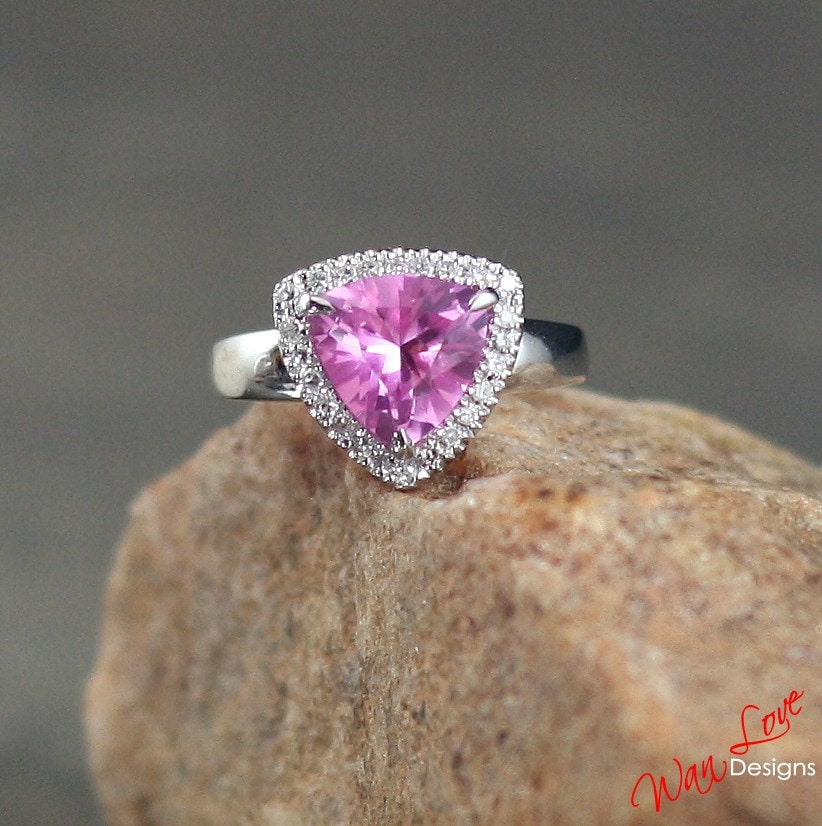 Trillion Pink Sapphire engagement ring 3ct Vintage diamond halo bridal ring antique wedding ring unique promise Anniversary ring statement