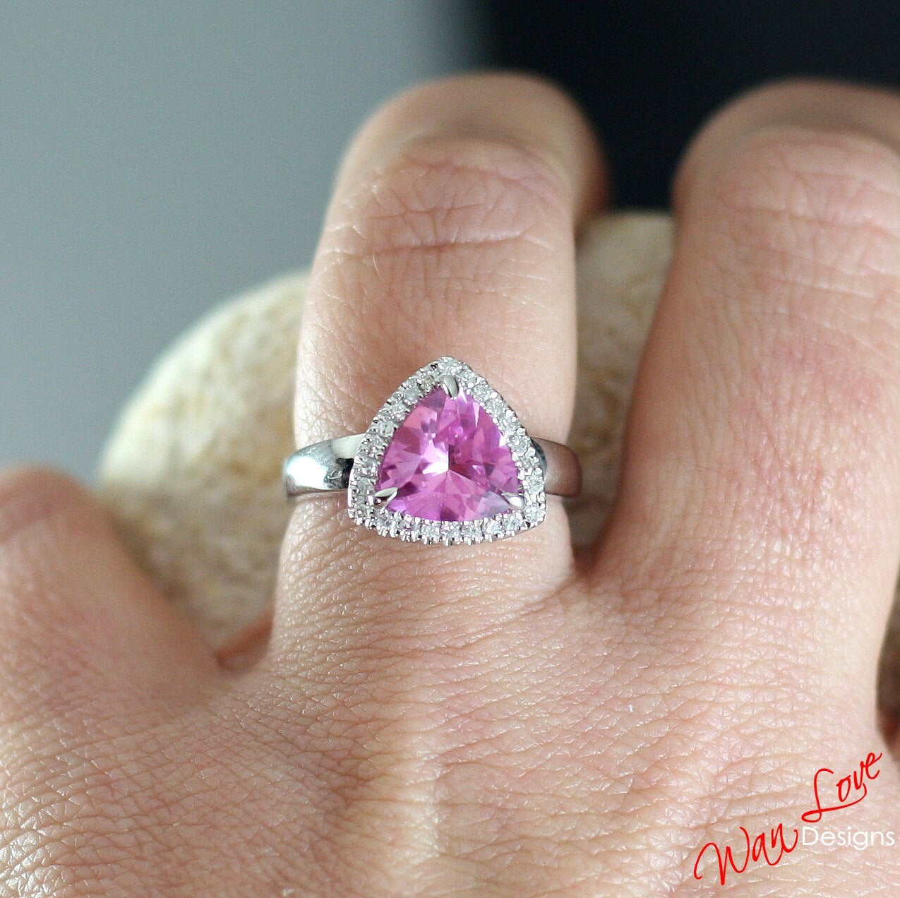 Trillion Pink Sapphire engagement ring 3ct Vintage diamond halo bridal ring antique wedding ring unique promise Anniversary ring statement