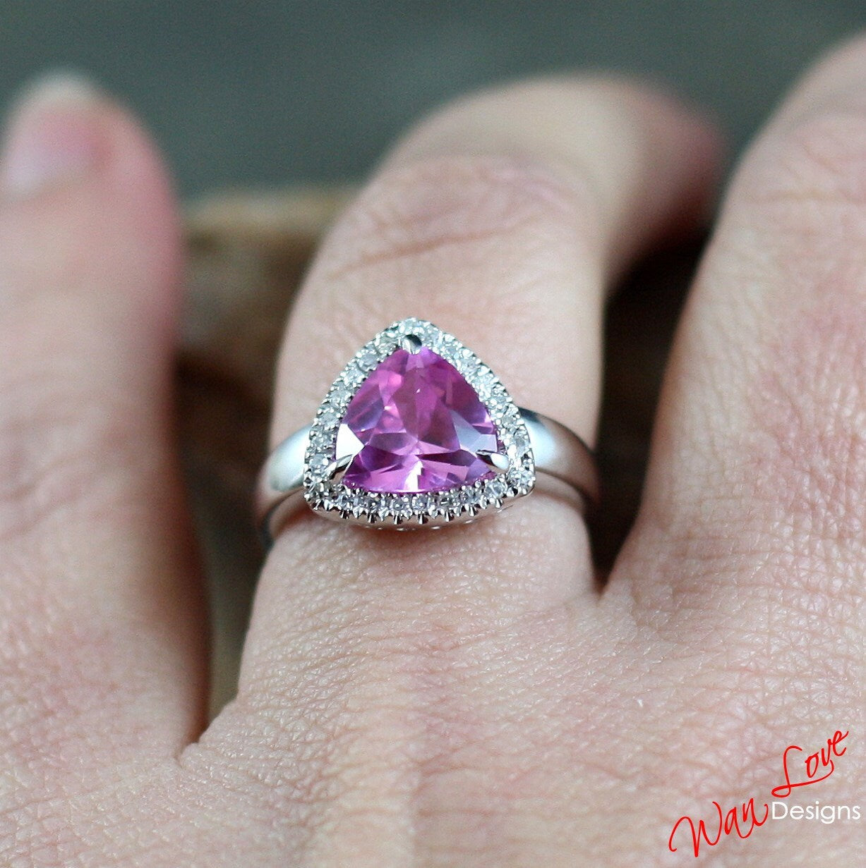 Trillion Pink Sapphire engagement ring 3ct Vintage diamond halo bridal ring antique wedding ring unique promise Anniversary ring statement