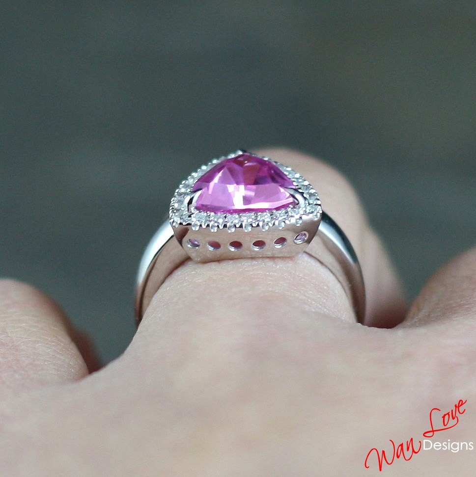 Trillion Pink Sapphire engagement ring 3ct Vintage diamond halo bridal ring antique wedding ring unique promise Anniversary ring statement