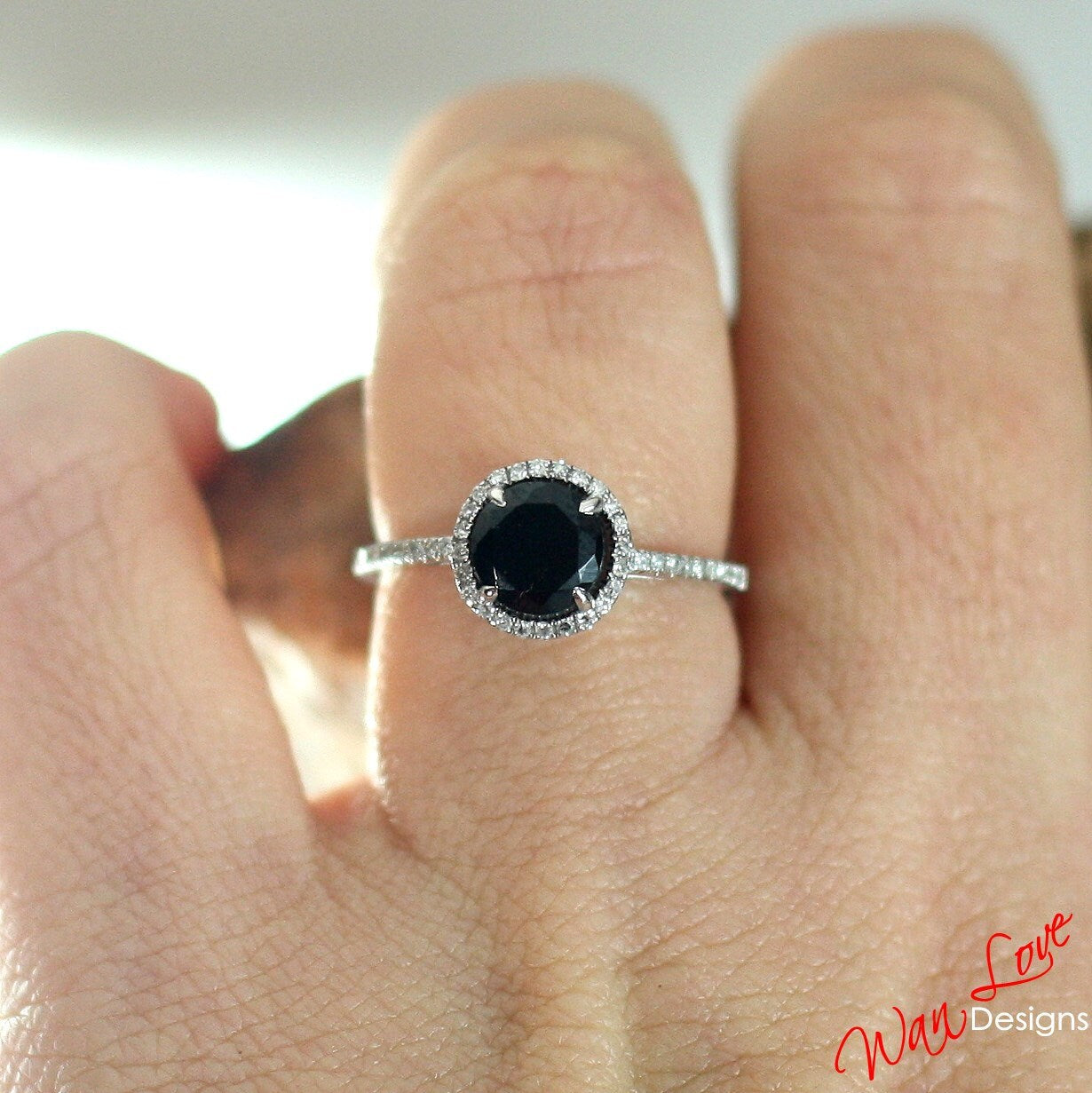 Black Spinel engaement ring round cut diamond halo ring prong set ring unique art deco Vintage ring annivesary promise ring -Ready to ship