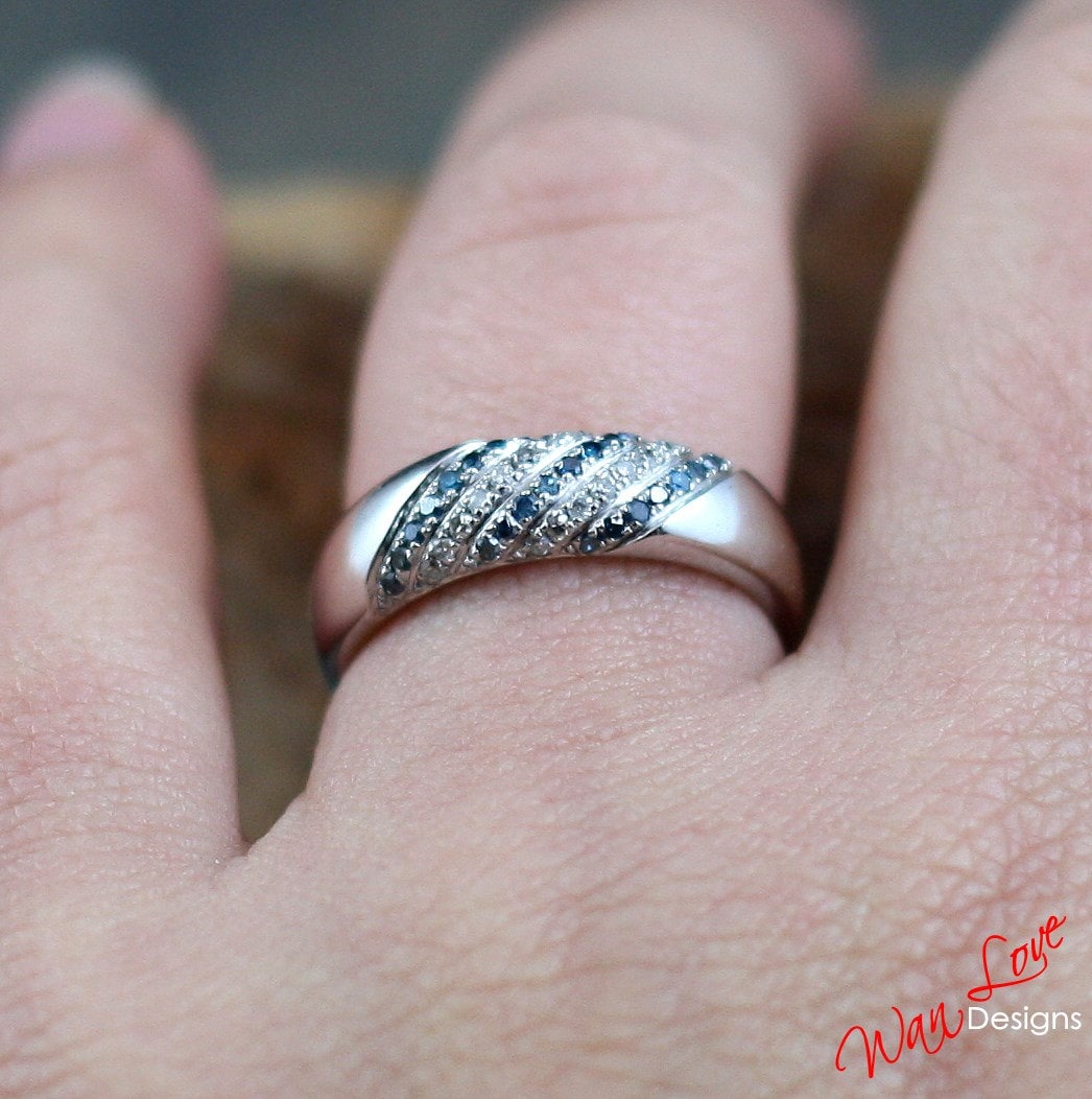 Diagonal Blue White Diamond Band | Round Pave Diamond Band | Wedding Band | Engagement Ring | Cross Anniversary Gift | Ready to Ship Band