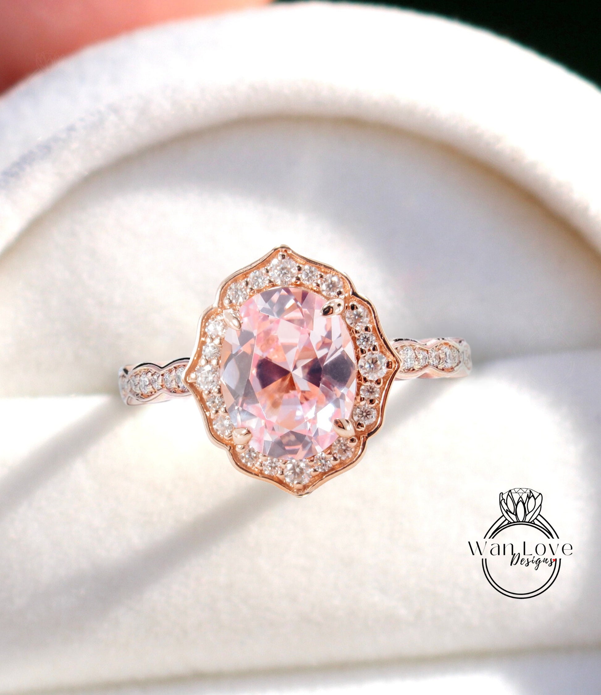 Oval shaped Peach Sapphire engagement ring diamond halo ring moissanite scalloped ring unique vintage ring rose gold ring anniversary ring